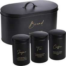 Load image into Gallery viewer, Esnbia Set of 4 Bread Box and Canister Set for Kitchen Countertop, Metal Bread Bin Sugar Tea Coffee Storage Canister with Lid, Biscuit Tin Set for Loaf, Pastry, Dry Food, Black