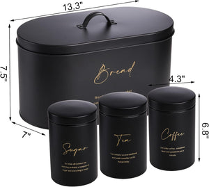 Esnbia Set of 4 Bread Box and Canister Set for Kitchen Countertop, Metal Bread Bin Sugar Tea Coffee Storage Canister with Lid, Biscuit Tin Set for Loaf, Pastry, Dry Food, Black
