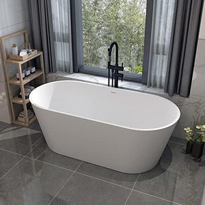 Esnbia 63" Stone Resin Freestanding Bathtub, Modern Oval Solid Surface Soaking Stand Alone Tub, Matte White, Drain & Overflow Included 8816-1600