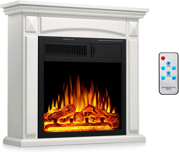 Esnbia Electric Fireplace with Mantel, Freestanding Wooden Frame Firebox, Adjustable Realistic 3D Flame, Remote Control, 750W-1500W, Ivory White