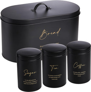 Esnbia Set of 4 Bread Box and Canister Set for Kitchen Countertop, Metal Bread Bin Sugar Tea Coffee Storage Canister with Lid, Biscuit Tin Set for Loaf, Pastry, Dry Food, Black