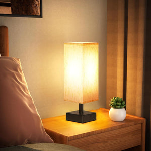 Esnbia Small Table Lamp for Bedroom - Bedside Lamps for Nightstand, Minimalist Night Stand Light Lamp with Square Fabric Shade, Desk Reading Lamp for Kids Room Living Room Office Dorm