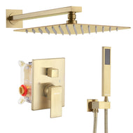 ESNBIA Brushed Gold Shower System, Bathroom 12 Inches Rain Shower Head with Handheld Combo Set, Wall Mounted High Pressure Rainfall Dual Shower Head System, Shower Faucet Set with Valve and Trim
