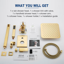 Load image into Gallery viewer, ESNBIA Brushed Gold Shower System, Bathroom 10 Inches Rain Shower Head with Handheld Combo Set, Wall Mounted High Pressure Rainfall Dual Shower Head System, Shower Faucet Set with Valve and Trim
