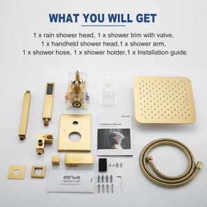 ESNBIA Brushed Gold Shower System, Bathroom 12 Inches Rain Shower Head with Handheld Combo Set, Wall Mounted High Pressure Rainfall Dual Shower Head System, Shower Faucet Set with Valve and Trim