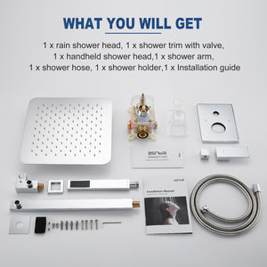 ESNBIA Shower System, Bathroom Luxury 12 Inches Rain Shower Head with Handheld Combo Set, Wall Mounted High Pressure Rainfall Dual Shower Head System, Shower Faucet Set with Valve and Trim, Chrome