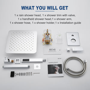 ESNBIA Chrome Shower System, Bathroom Luxury 10 Inches Rain Shower Head with Handheld Combo Set, Wall Mounted High Pressure Rainfall Dual Shower Head System, Shower Faucet Set with Valve and Trim